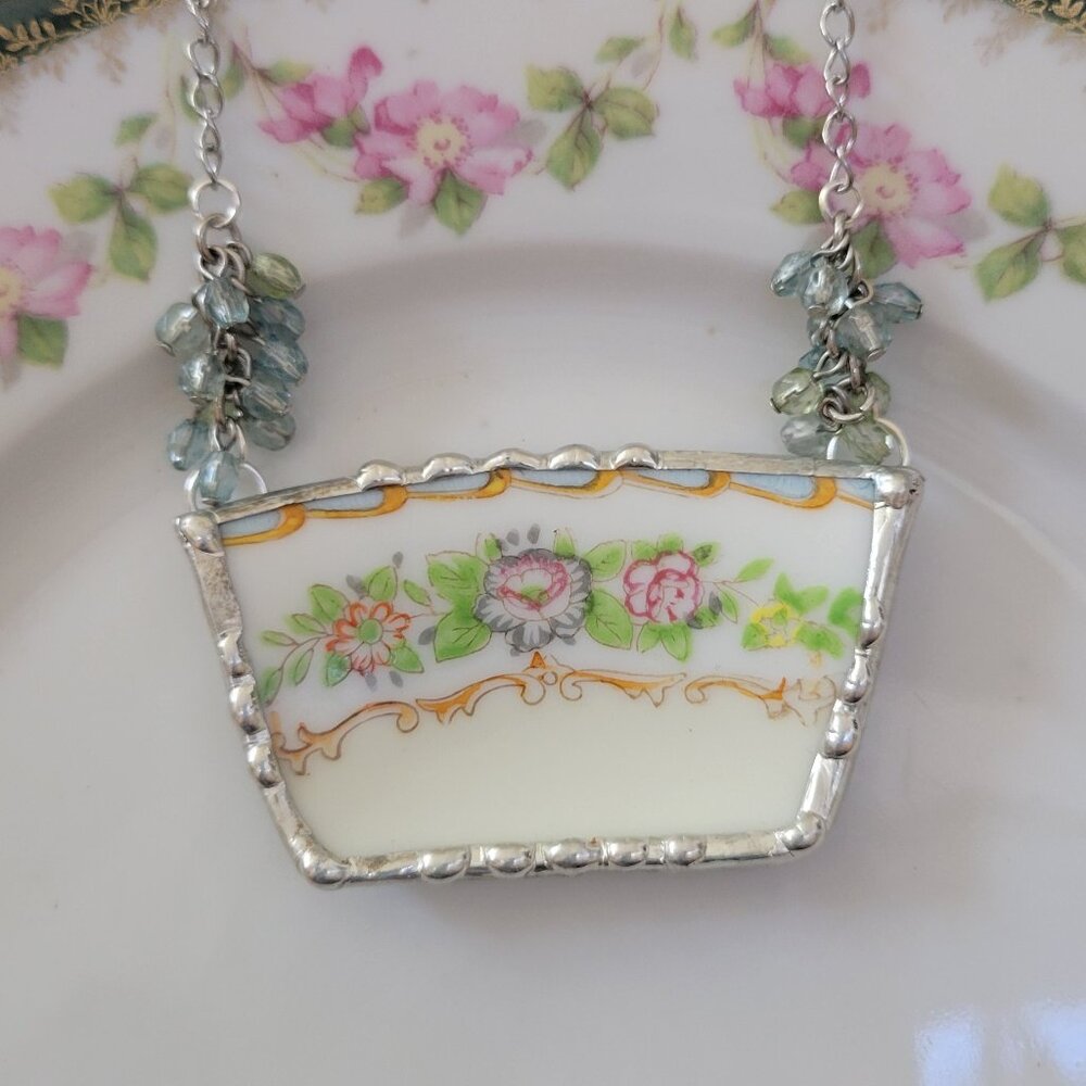 Hand Painted Floral Swag Broken China Soldered Pendant Necklace